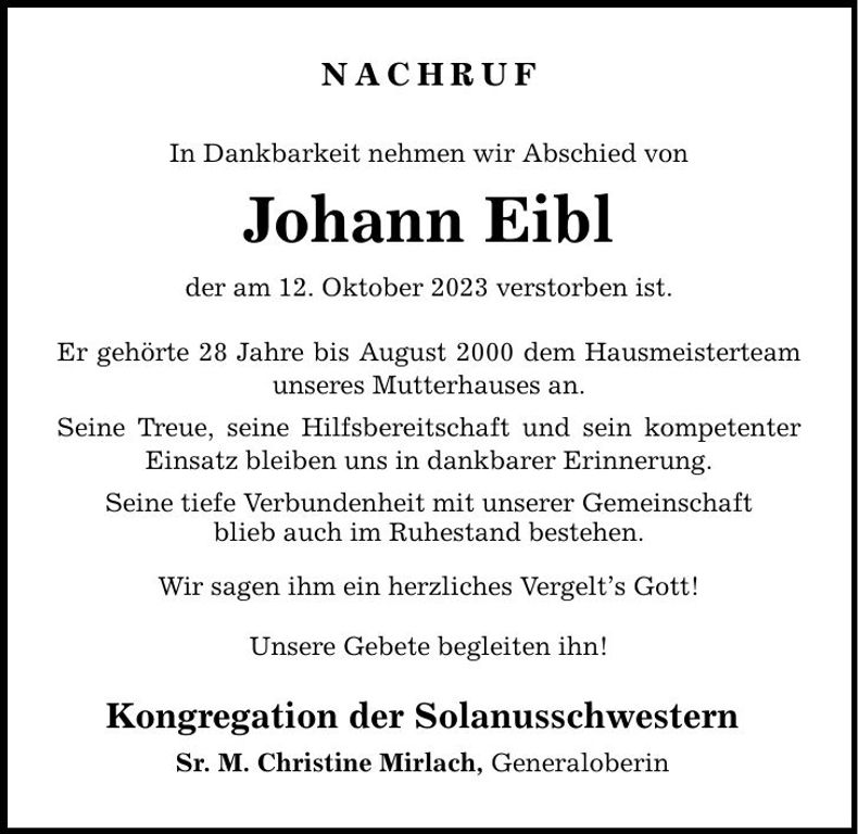 Traueranzeige Johann Eibl