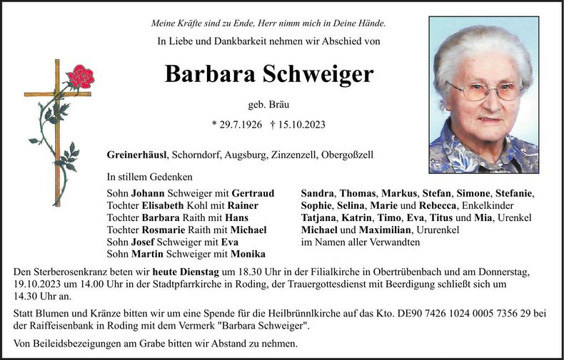Traueranzeige Barbara Schweiger