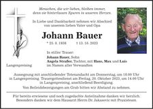 Traueranzeige Johann Bauer