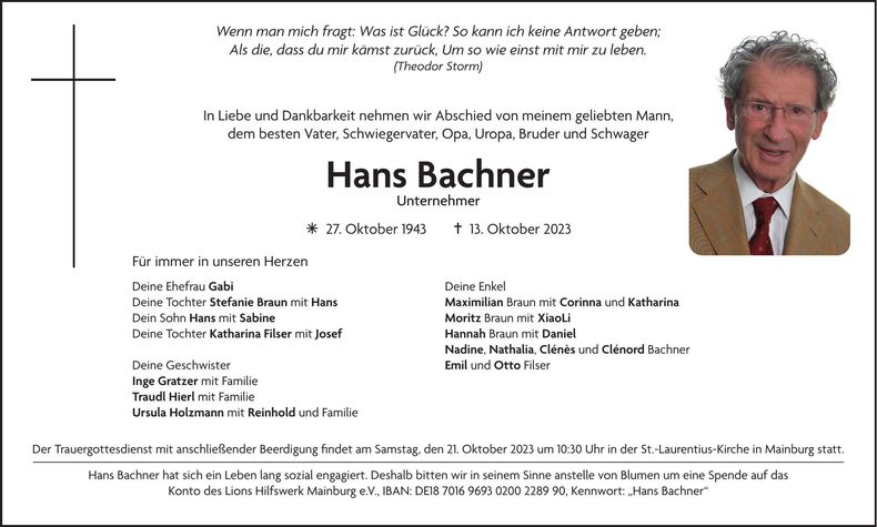 Traueranzeige Hans Bachner