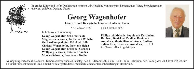 Traueranzeige Georg Wagenhofer