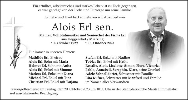 Traueranzeige Alois Erl