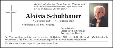 Traueranzeige Aloisia Schuhbauer