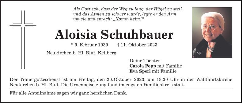 Traueranzeige Aloisia Schuhbauer