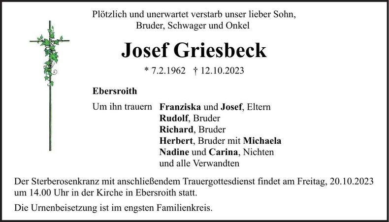 Traueranzeige Josef Griesbeck