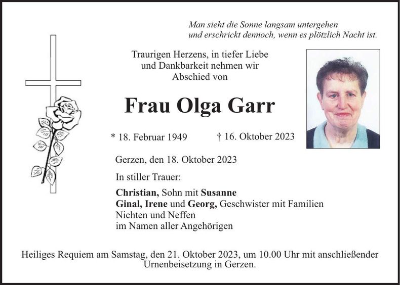 Traueranzeige Olga Garr