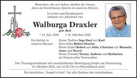 Traueranzeige Walburga Draxler