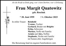 Traueranzeige Margit Quatowitz