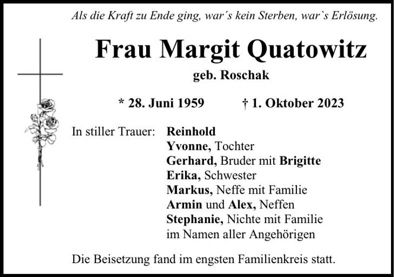Traueranzeige Margit Quatowitz