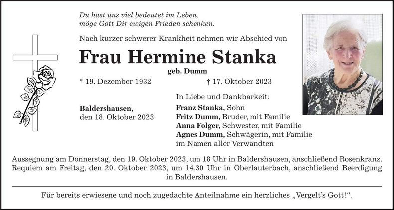Traueranzeige Hermine Stanka