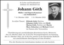 Traueranzeige Johann Göth