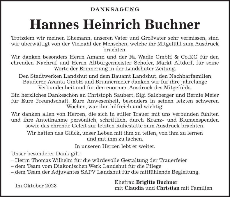 Traueranzeige Hannes Heinrich Buchner