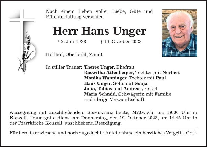 Traueranzeige Hans Unger