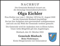 Traueranzeige Olga Eichler