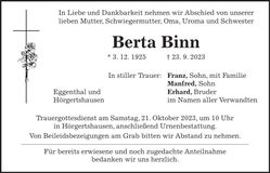 Traueranzeige Berta Binn