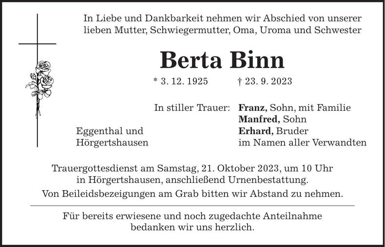 Traueranzeige Berta Binn