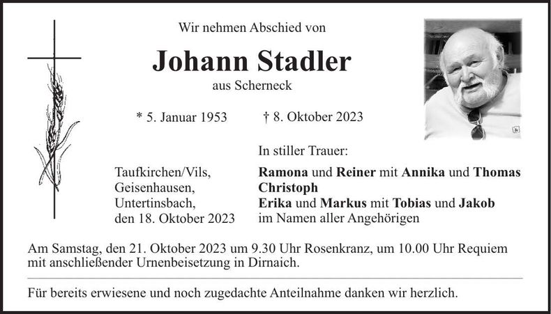 Traueranzeige Johann Stadler