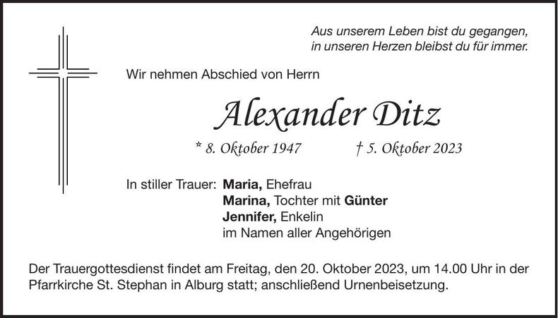 Traueranzeige Alexander Ditz