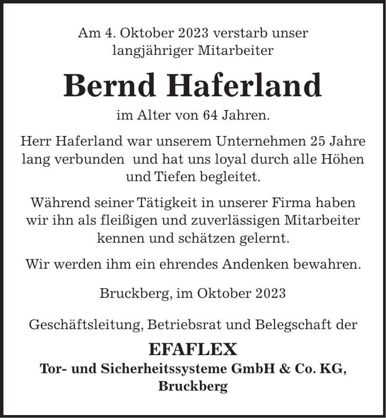 Traueranzeige Bernd Haferland