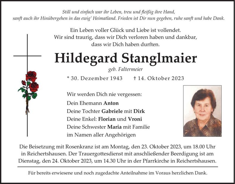 Traueranzeige Hildegard Stanglmaier