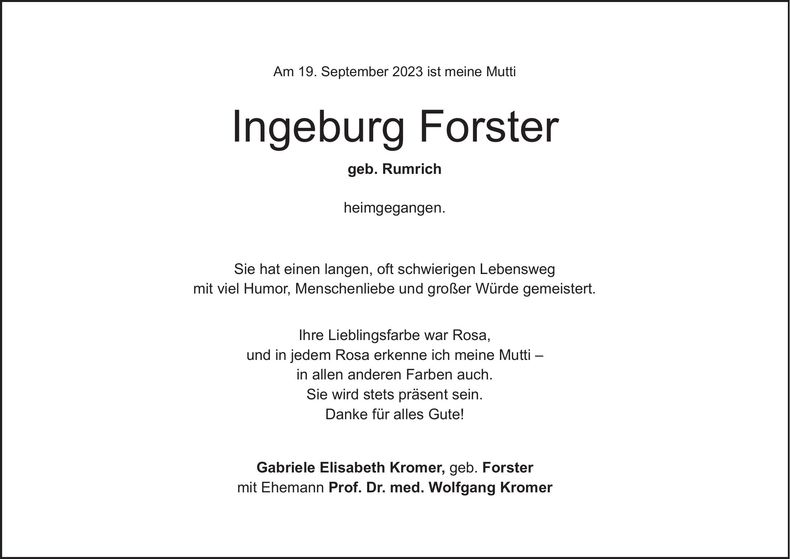 Traueranzeige Ingeburg Forster