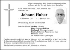 Traueranzeige Johann Huber
