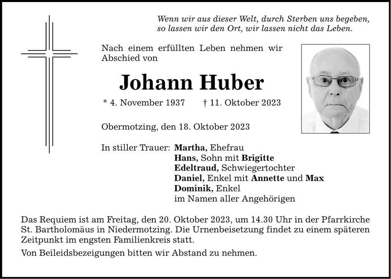 Traueranzeige Johann Huber