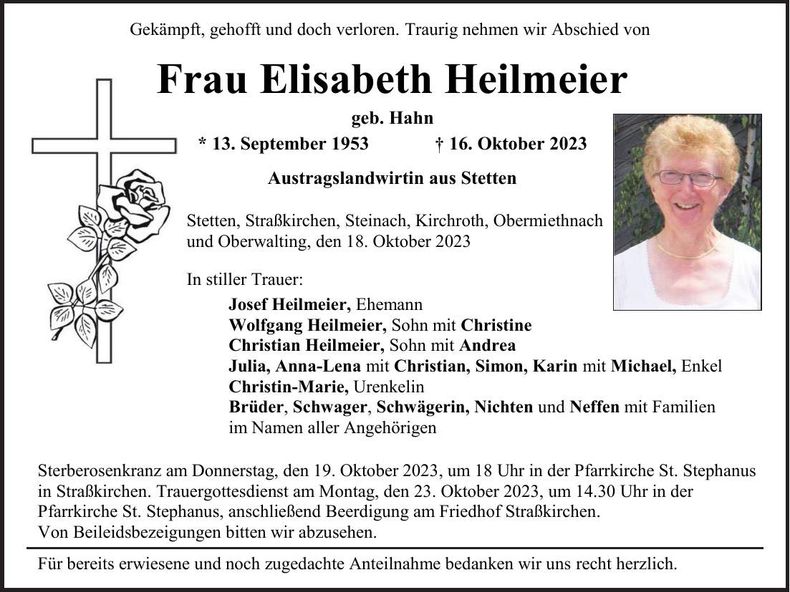 Traueranzeige Elisabeth Heilmeier