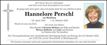 Traueranzeige Hannelore Perschl