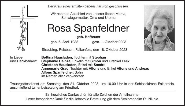 Traueranzeige Rosa Spanfeldner