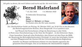 Traueranzeige Bernd Haferland