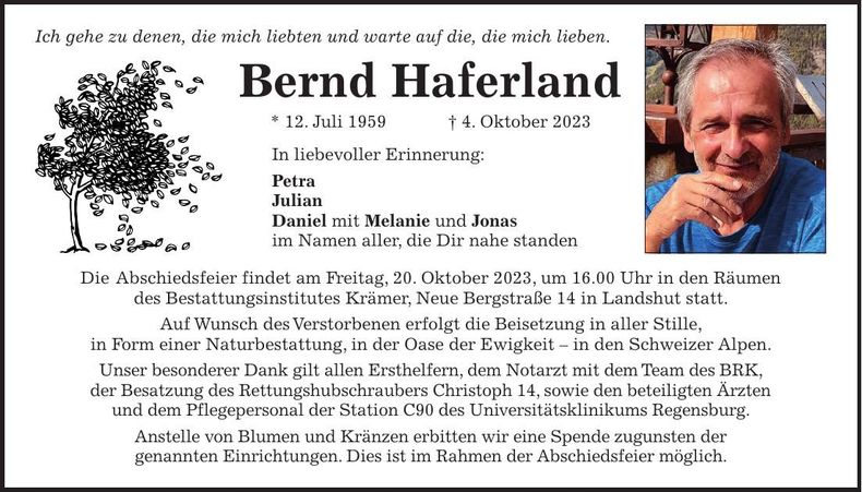 Traueranzeige Bernd Haferland