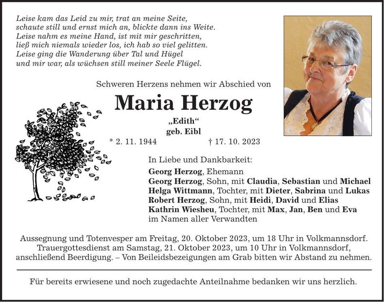 Traueranzeige Maria Herzog