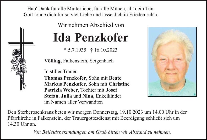 Traueranzeige Ida Penzkofer