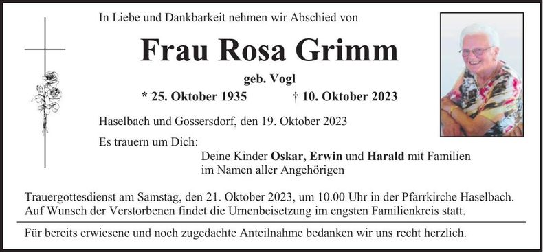 Traueranzeige Rosa Grimm