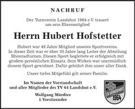 Traueranzeige Hubert Hofstetter