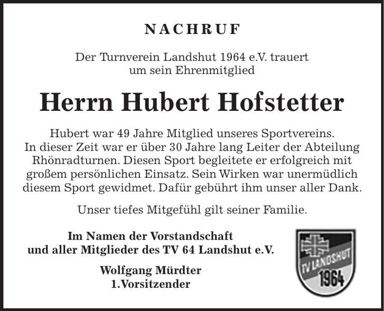 Traueranzeige Hubert Hofstetter
