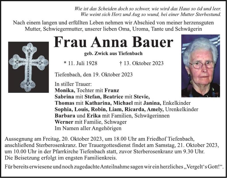 Traueranzeige Anna Bauer