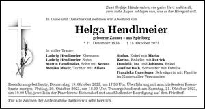 Traueranzeige Helga Helga Hendlmeier