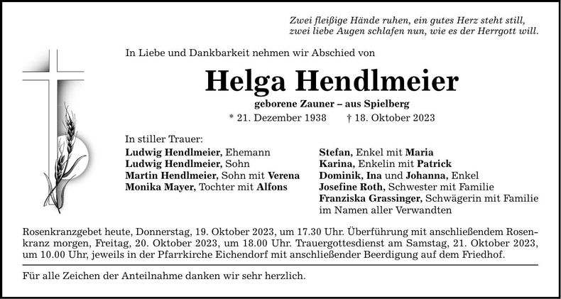 Traueranzeige Helga Helga Hendlmeier