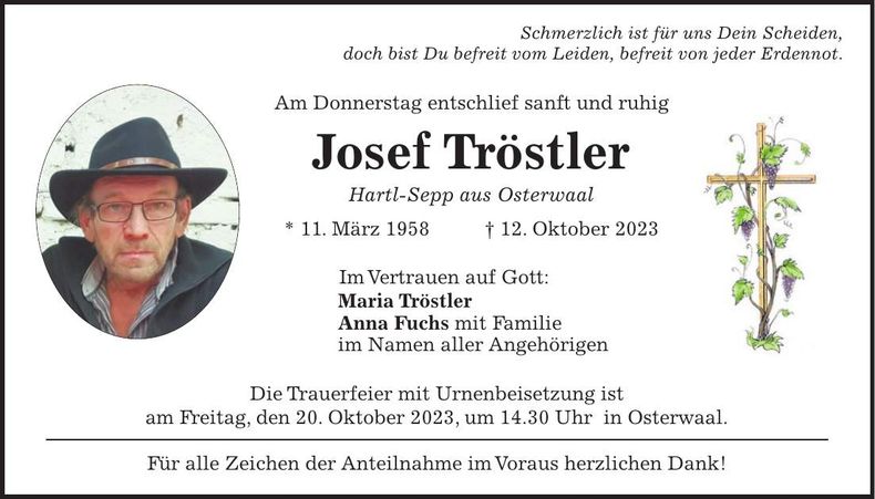 Traueranzeige Josef Tröstler