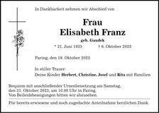 Traueranzeige Elisabeth Franz