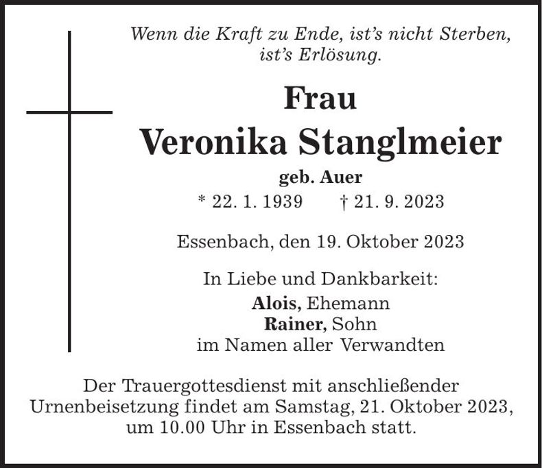 Traueranzeige Veronika Stanglmeier