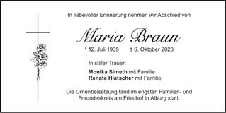 Traueranzeige Maria Braun