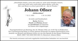 Traueranzeige Johann Oßner
