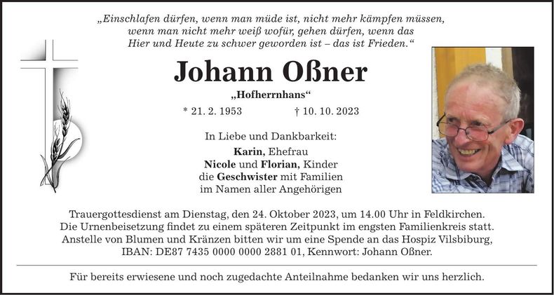 Traueranzeige Johann Oßner