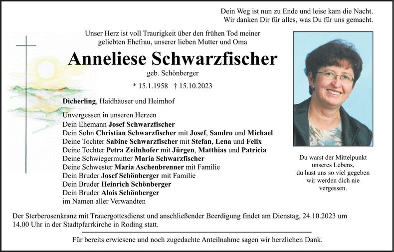 Traueranzeige Anneliese Schwarzfischer