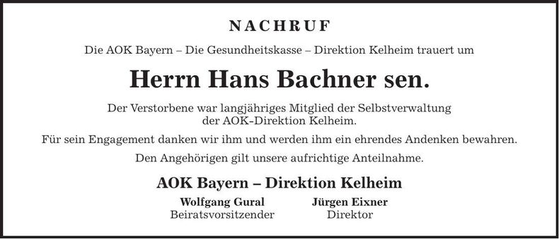 Traueranzeige Hans Bachner