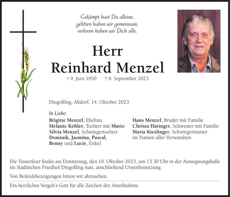 Traueranzeige Reinhard Menzel