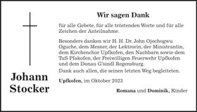 Traueranzeige Johann Stocker